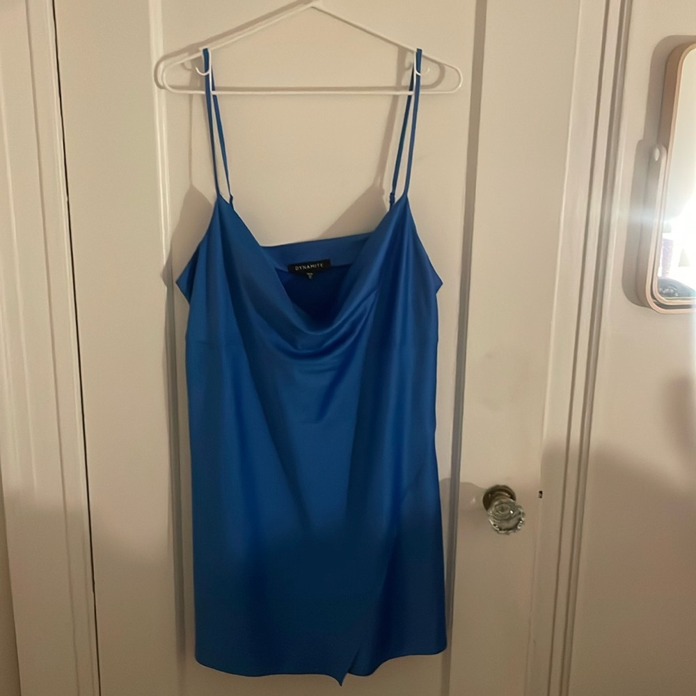 Blue satin dress.